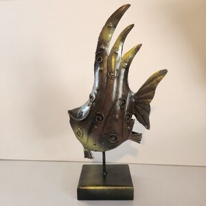 Funky Metal Art Fish On Stand Rustic Brutalist Man Cave Decor Vintage 1990s 90s